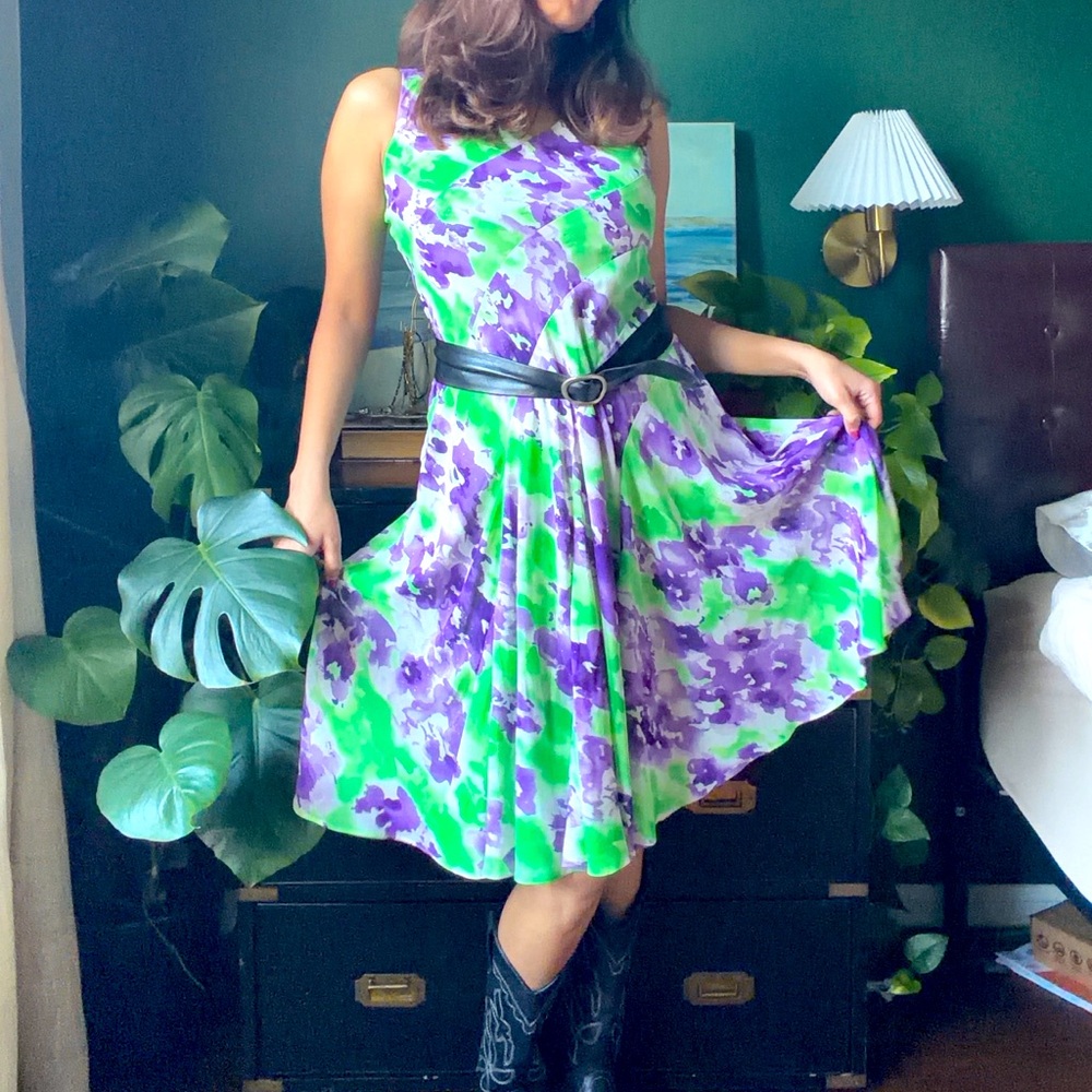 Y2K Vintage Joseph Ribkoff Green and purple midi dress in size S